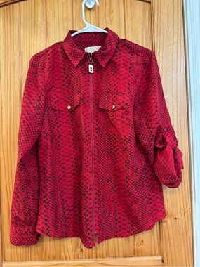 Michael Kors Red and Black Snake-Print Zip Front Shirt Jacket